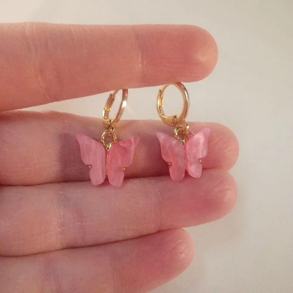 Gold Plated Pink Opal Resin Butterfly Dangle Earrings 12mm Party Gift - Picture 1 of 2